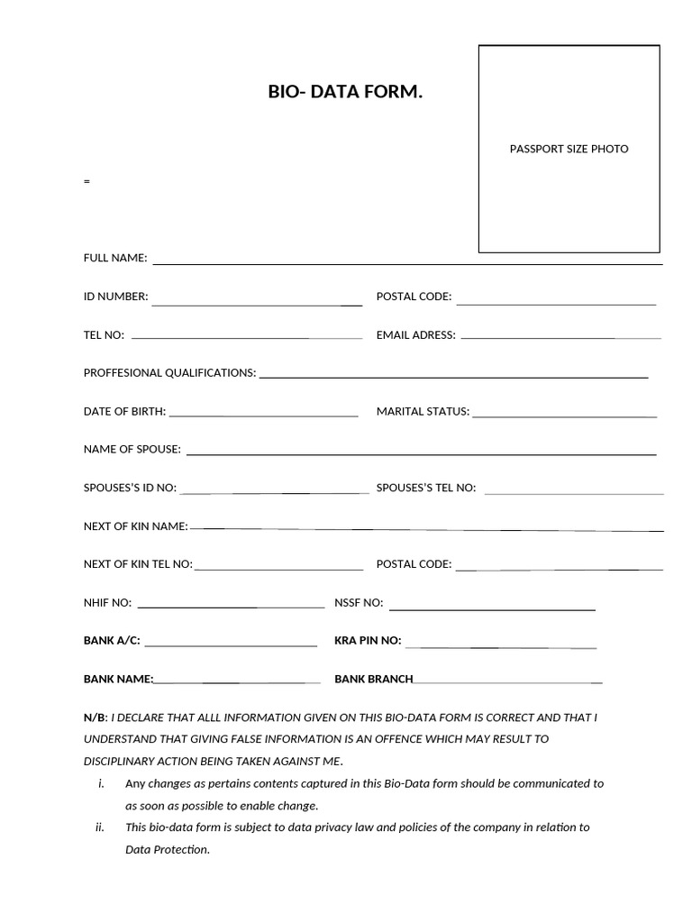 Essential Bio-Data Form Template | PDF