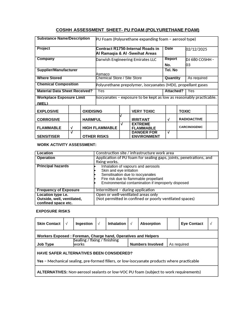 PU Foam COSHH Assessment Report | PDF | Personal Protective Equipment ...