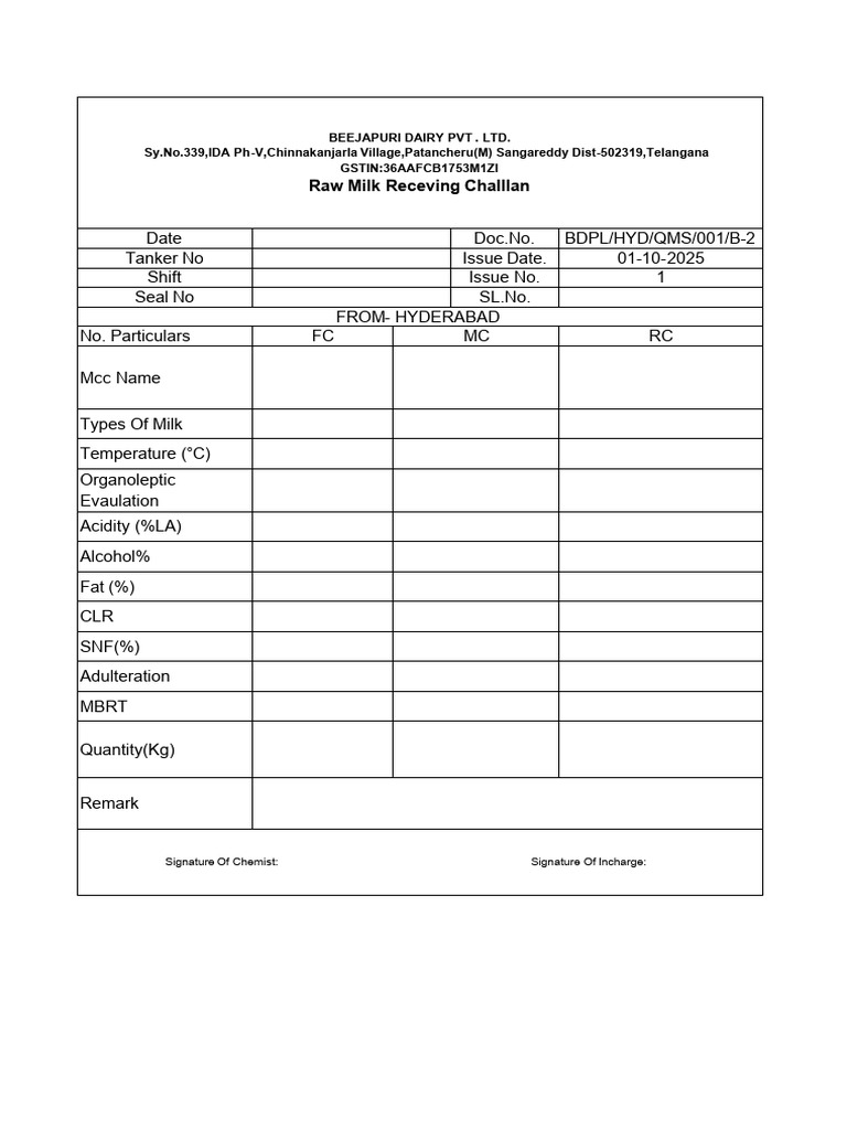 Raw Milk Reciving | PDF
