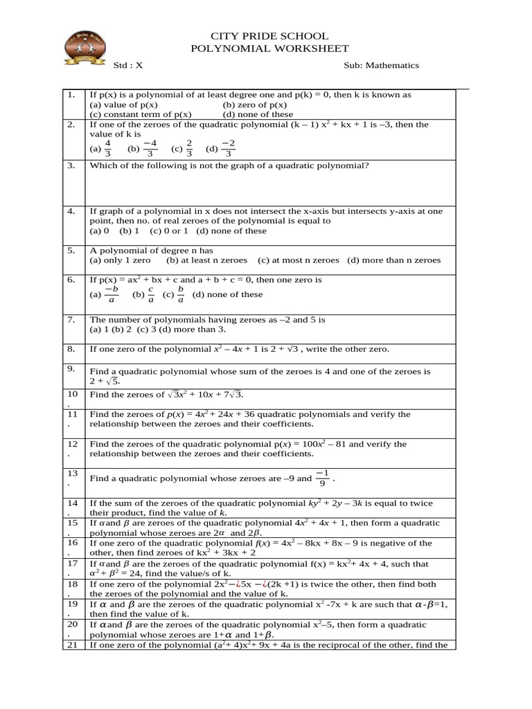 Std X Polynomials worksheet | PDF | Zero Of A Function | Polynomial