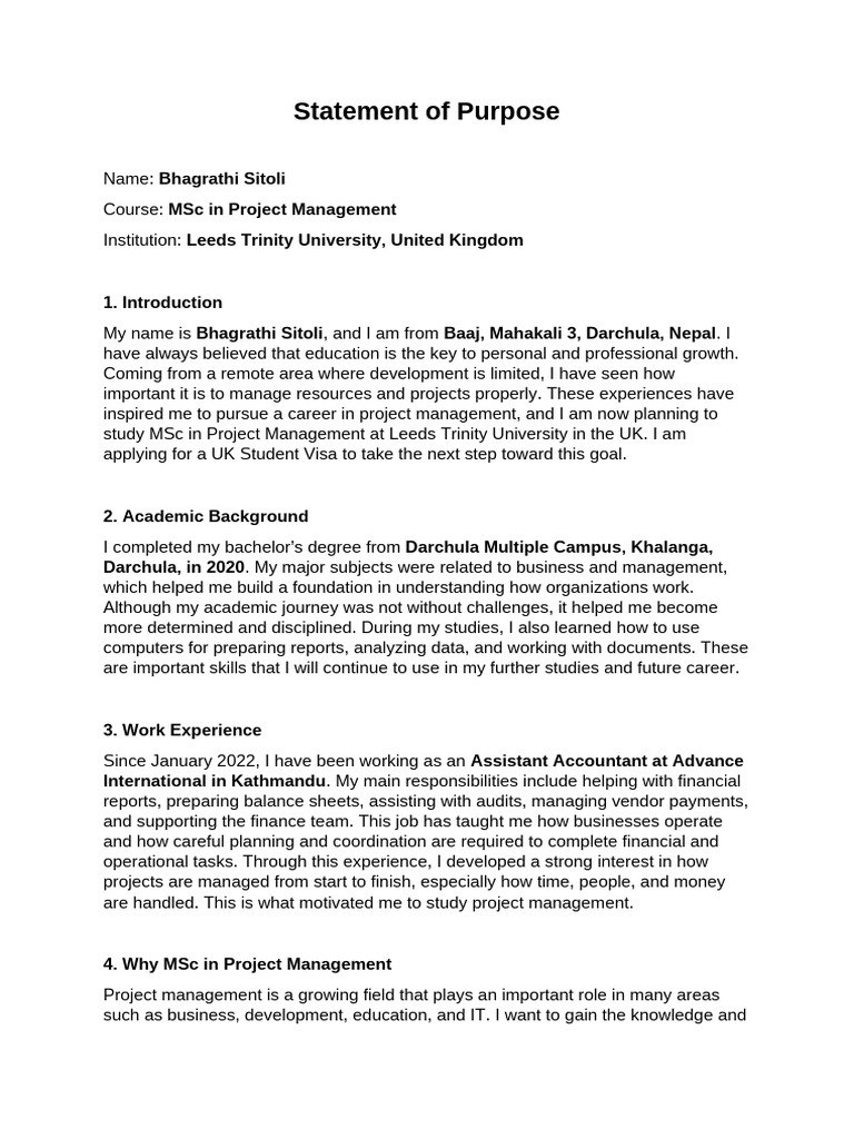 Bhagrathi Sitoli_Leeds Trinity SOP | PDF | Learning | Project Management