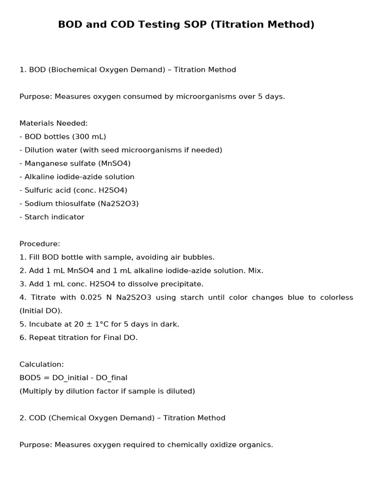 BOD and COD Testing SOP Guide | PDF