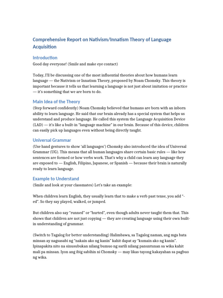 Nativism Theory of Language Acquisition | PDF | Language Acquisition ...