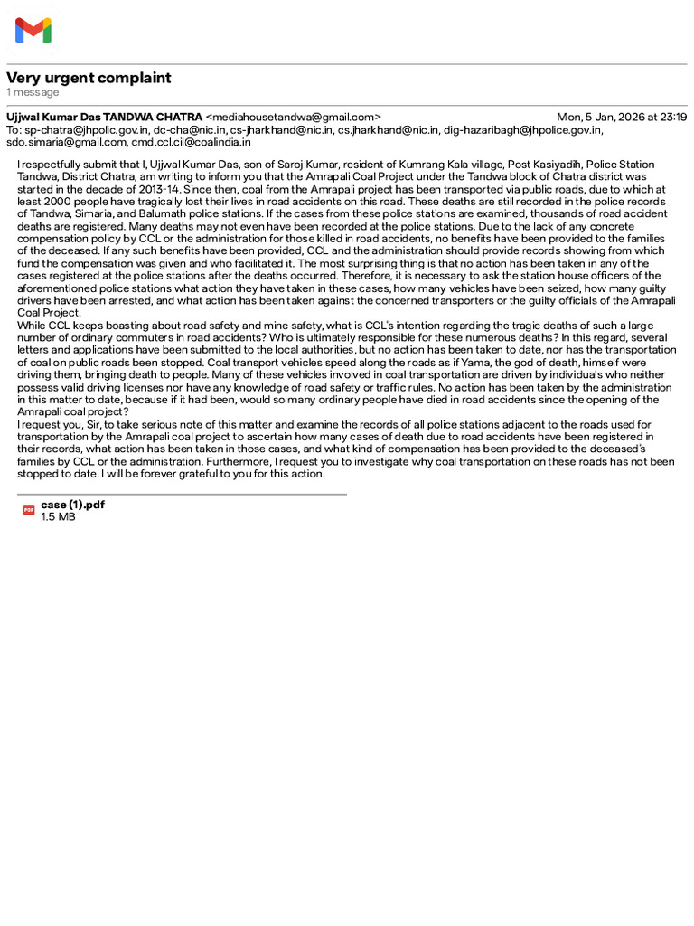 Urgent Complaint on Coal Transport Safety | PDF | Traffic Collision ...