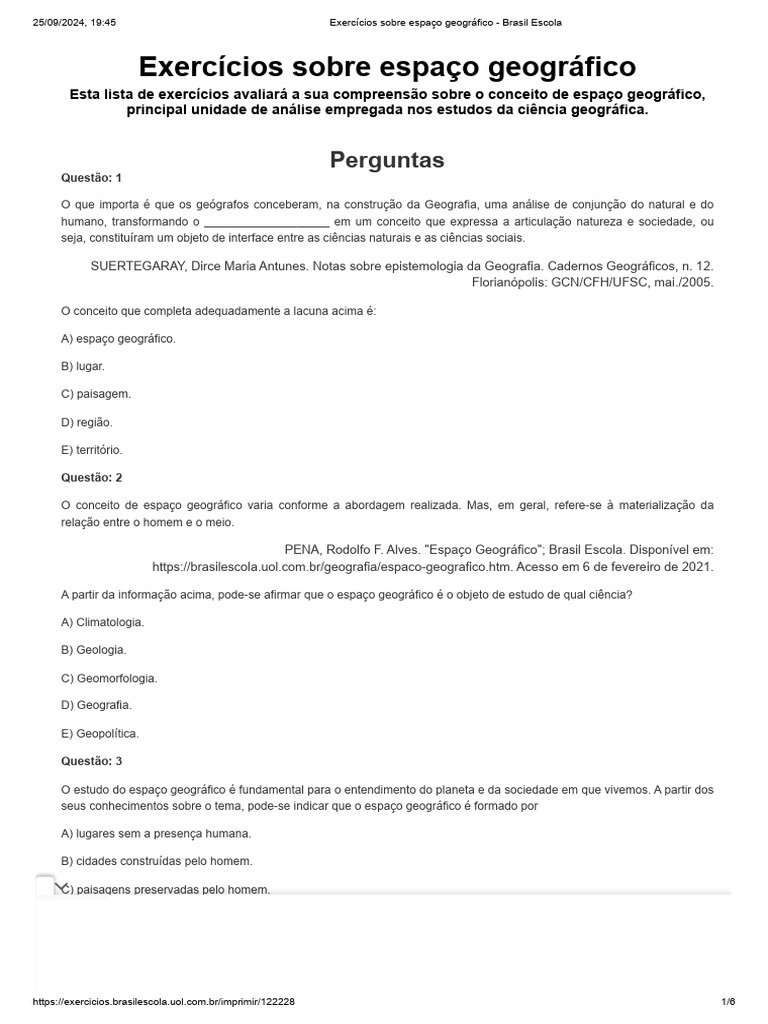 Exercícios sobre Espaço Geográfico | PDF | Geografia | Paisagem