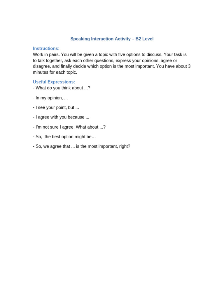 B2 Speaking Interaction Activity | PDF
