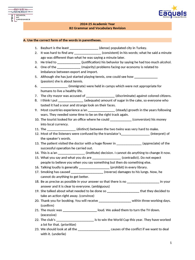 B2 Grammar and Vocabulary Exercises | PDF | Verb | Marriage