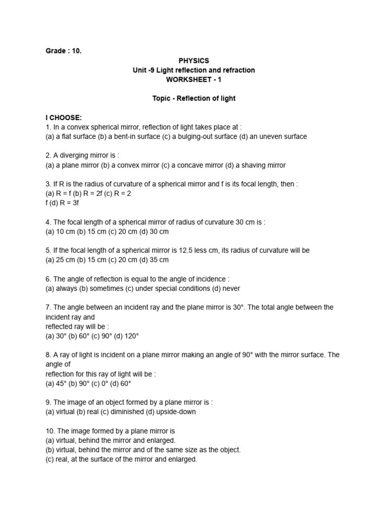 Light Reflection and Refraction Worksheet | PDF | Glass Engineering And ...