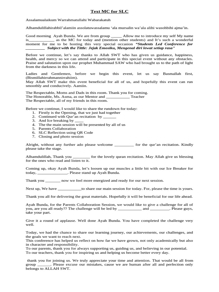 Students Led Conference MC Script | PDF | Quran | Islam