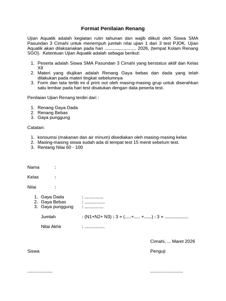 Form Penilaian Renang | PDF