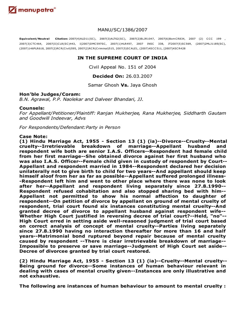Supreme Court Ruling on Mental Cruelty Divorce | PDF | Cruelty | Marriage