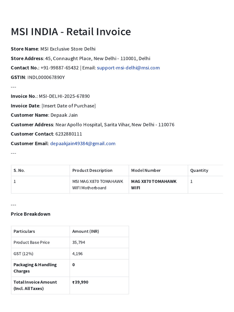 MSI Retail Invoice for MAG X870 Motherboard | PDF