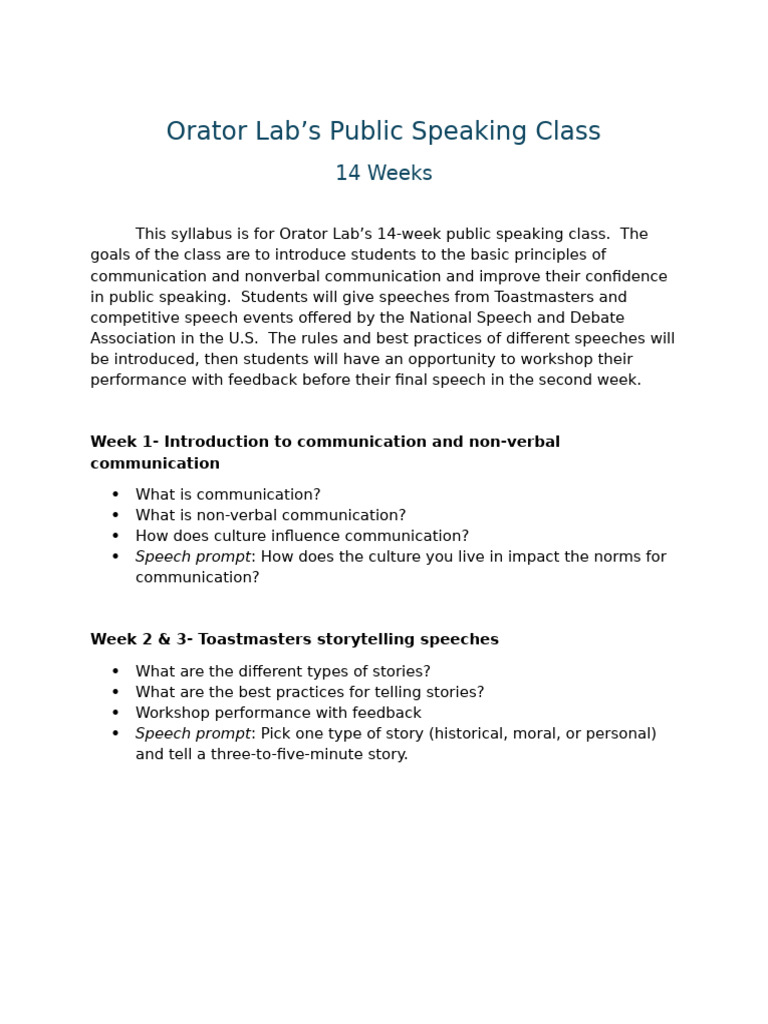 14-Week Public Speaking Course Syllabus | PDF | Public Speaking | Human ...