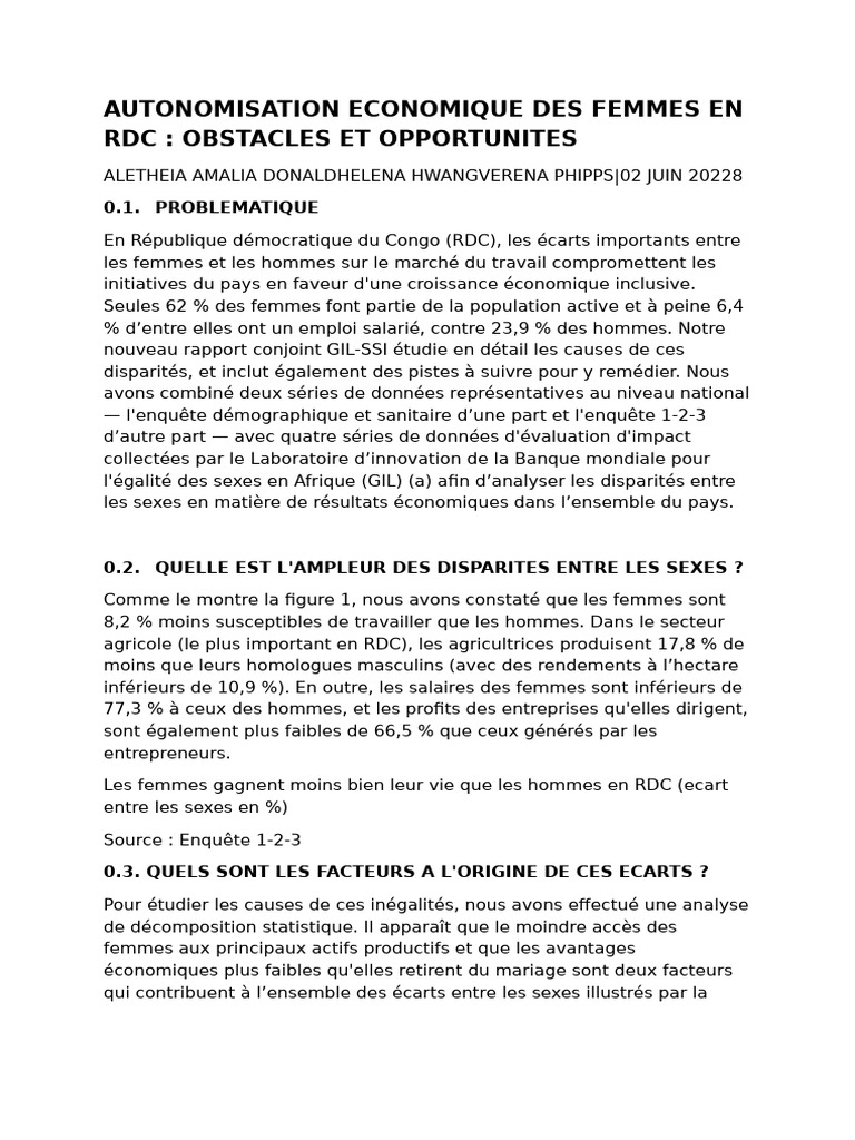 Autonomisation des Femmes en RDC : Défis et Solutions | PDF | Inégalité ...