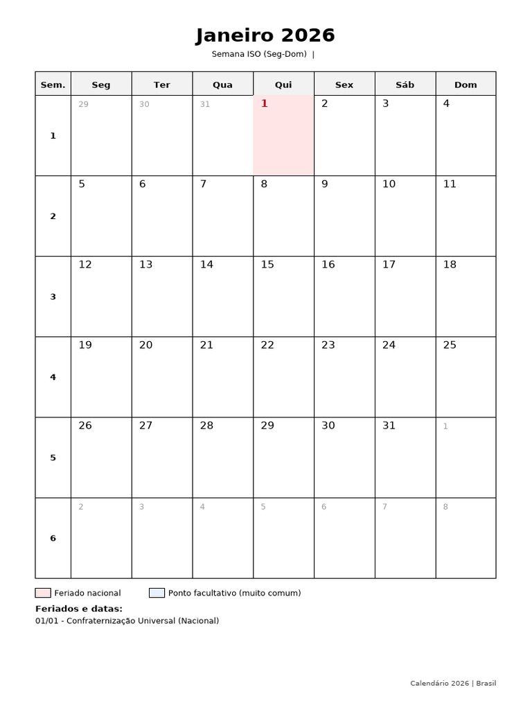 Calendário 2026 com Feriados Brasil | PDF