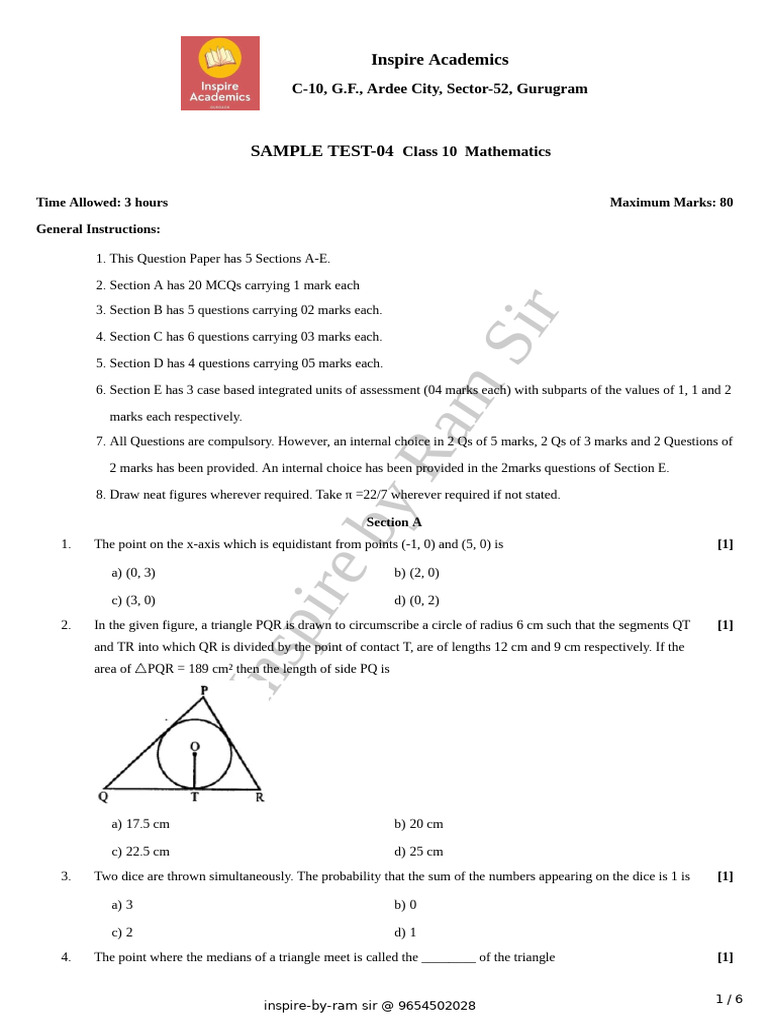 Class 10 Math Sample Test Paper | PDF | Euclidean Geometry | Elementary ...