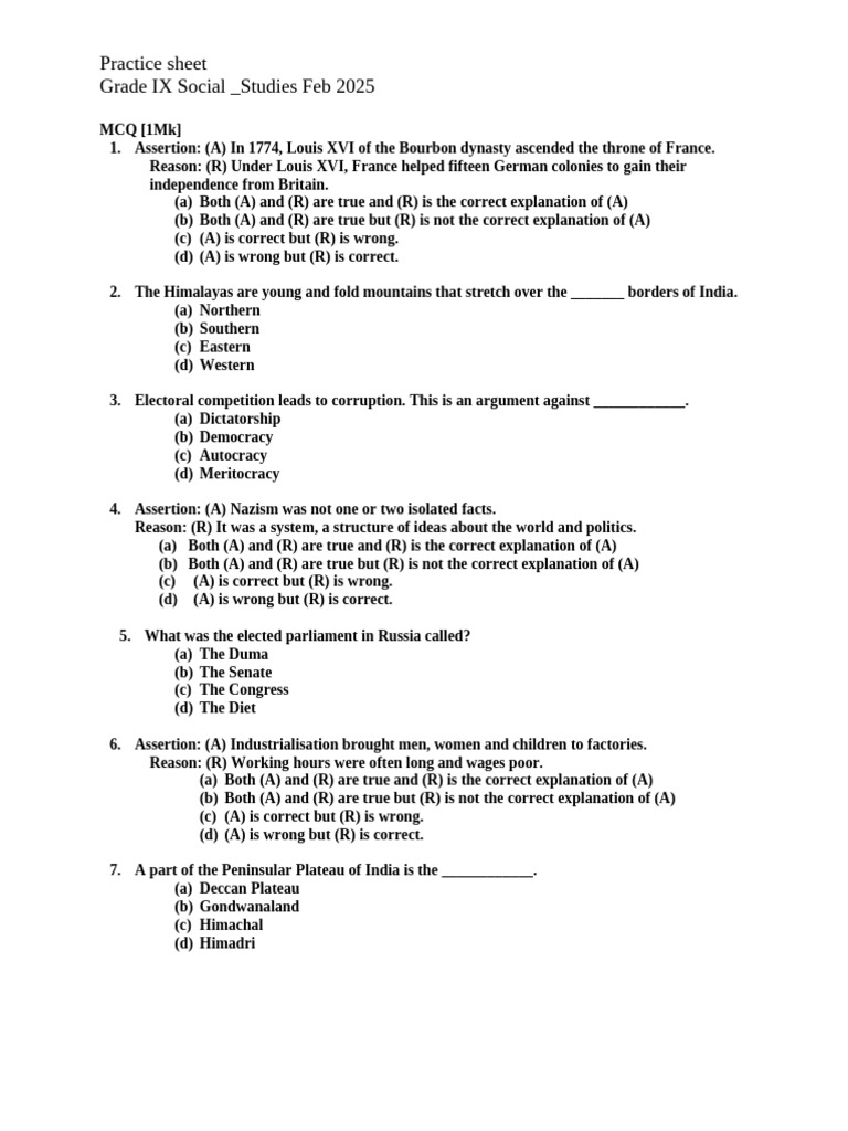Grade IX Social Studies MCQ Practice Sheet | PDF | Government