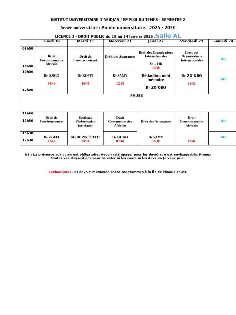 Emploi du temps Licence 3 Droit Public 2025-2026 | PDF