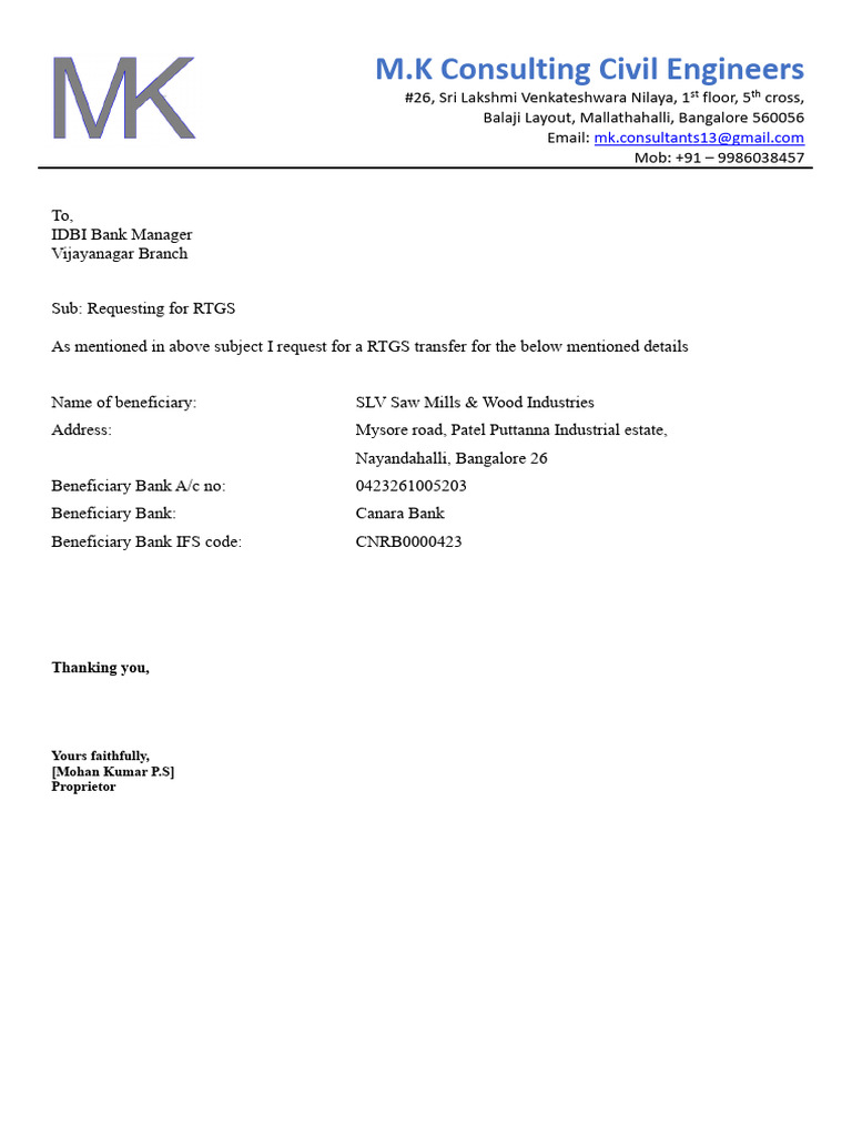 RTGS Transfer Request to IDBI Bank | PDF