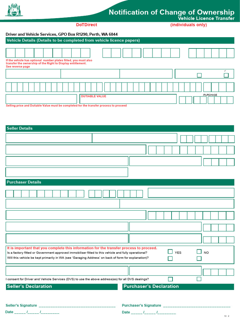 Vehicle Ownership Transfer Form WA | PDF | License | Identity Document