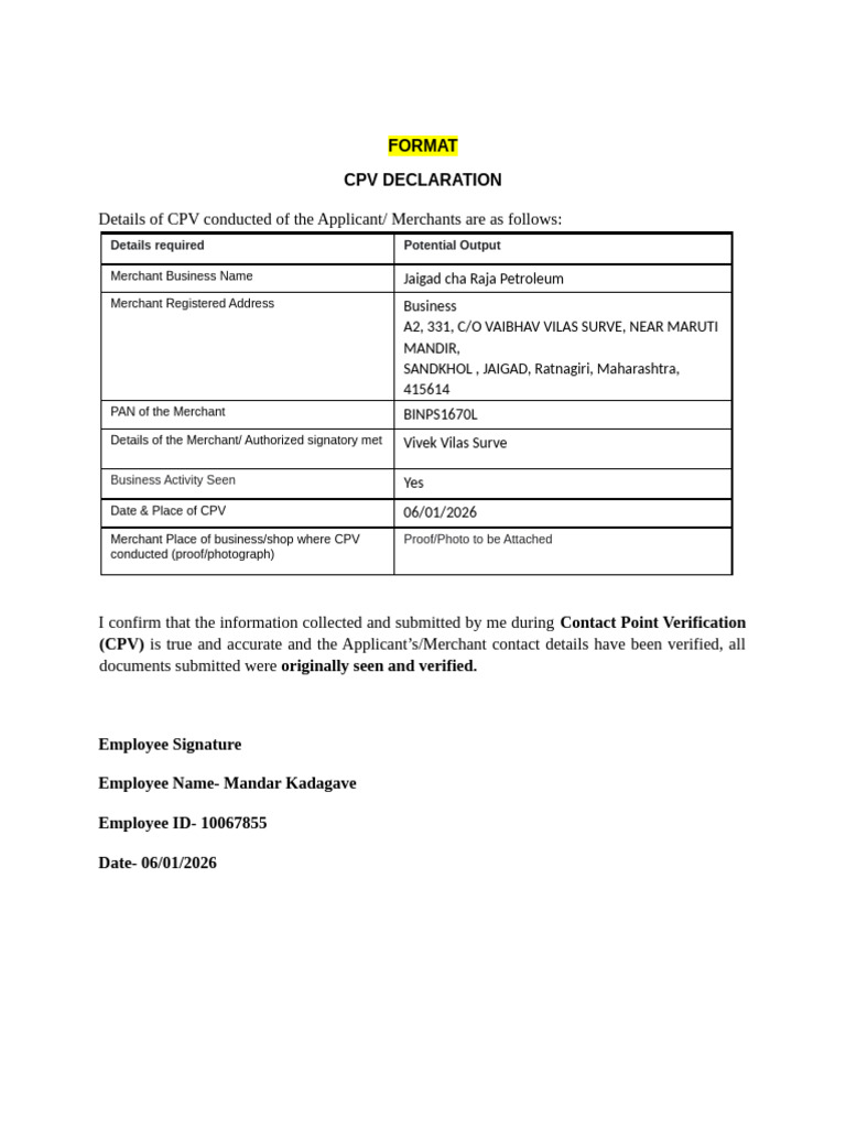 CPV Declaration | PDF
