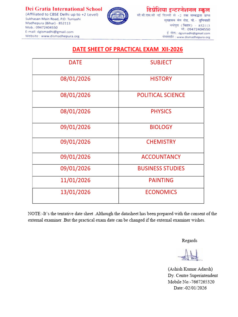 XII-2026 Practical Exam Date Sheet | PDF