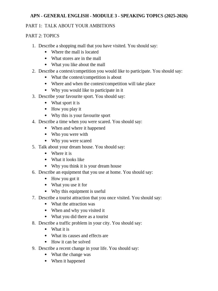General English Speaking Topics 2025-2026 | PDF