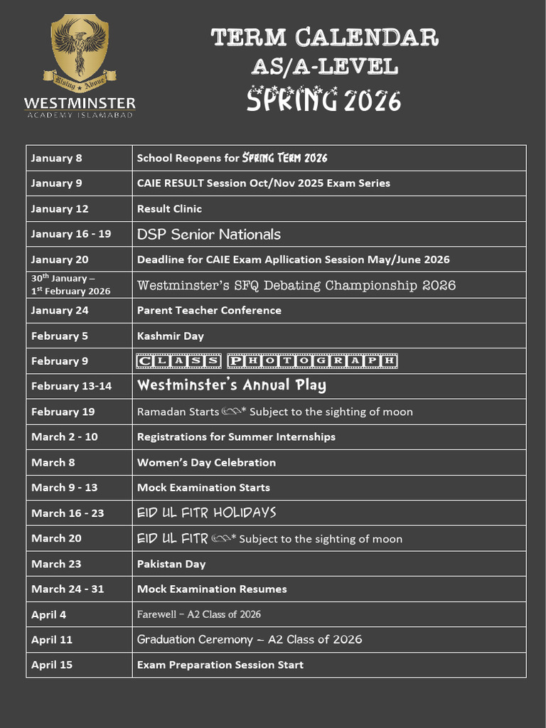 Spring 2026 AS/A-Level Term Calendar | PDF | Educational Stages