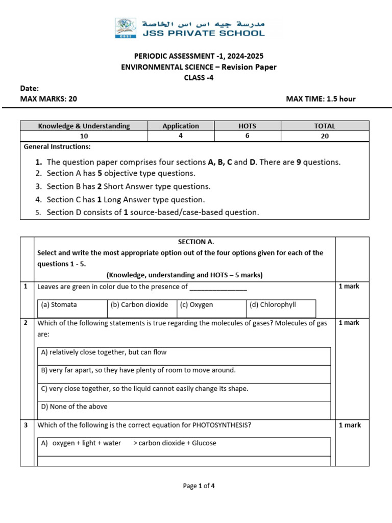 Class 4 Environmental Science Assessment | PDF | Photosynthesis | Biology