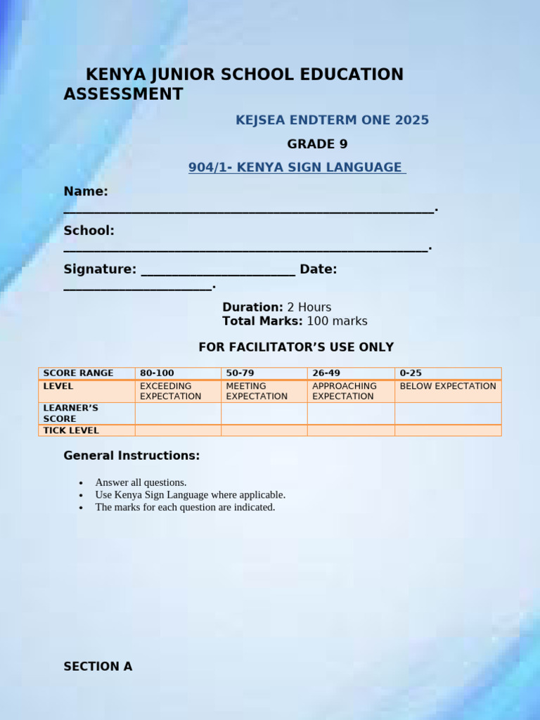 Kenya Sign Language Assessment Grade 9 | PDF | Sign Language | Facial ...