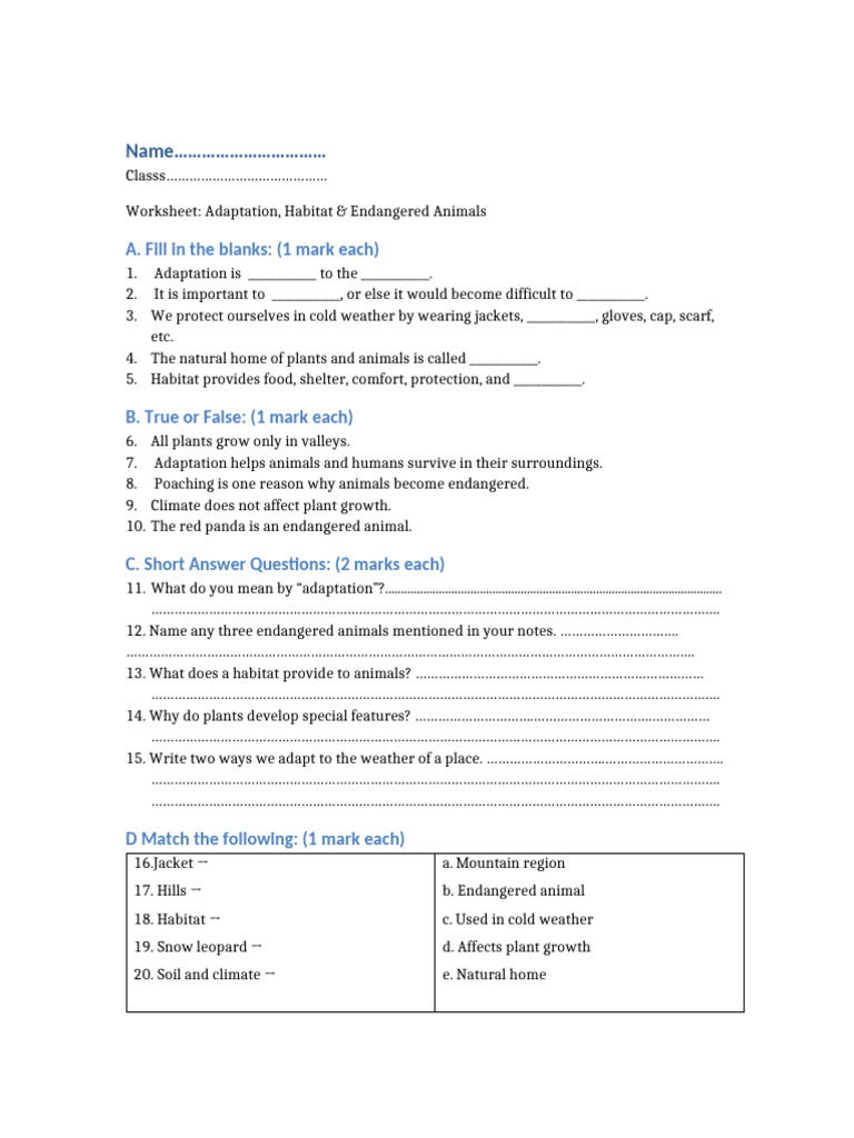 Adaptation and Endangered Animals Worksheet | PDF
