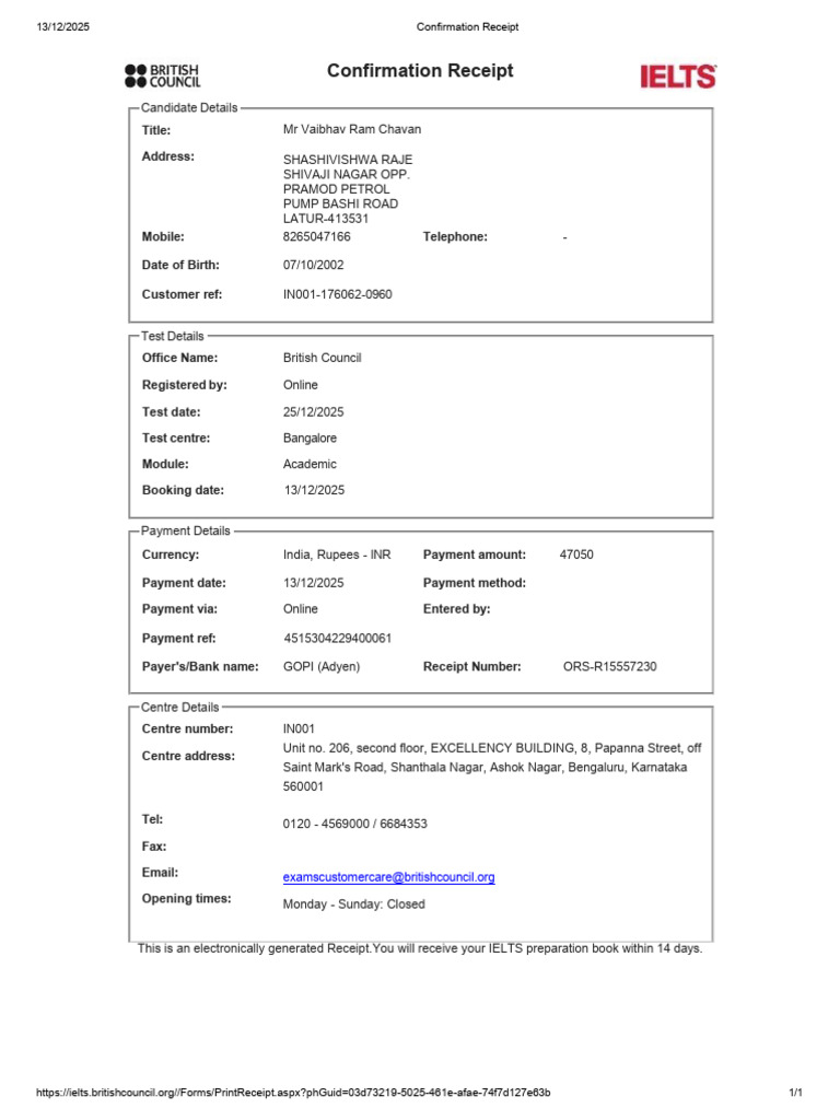 IELTS Test Confirmation Receipt | PDF | Services (Economics) | Money