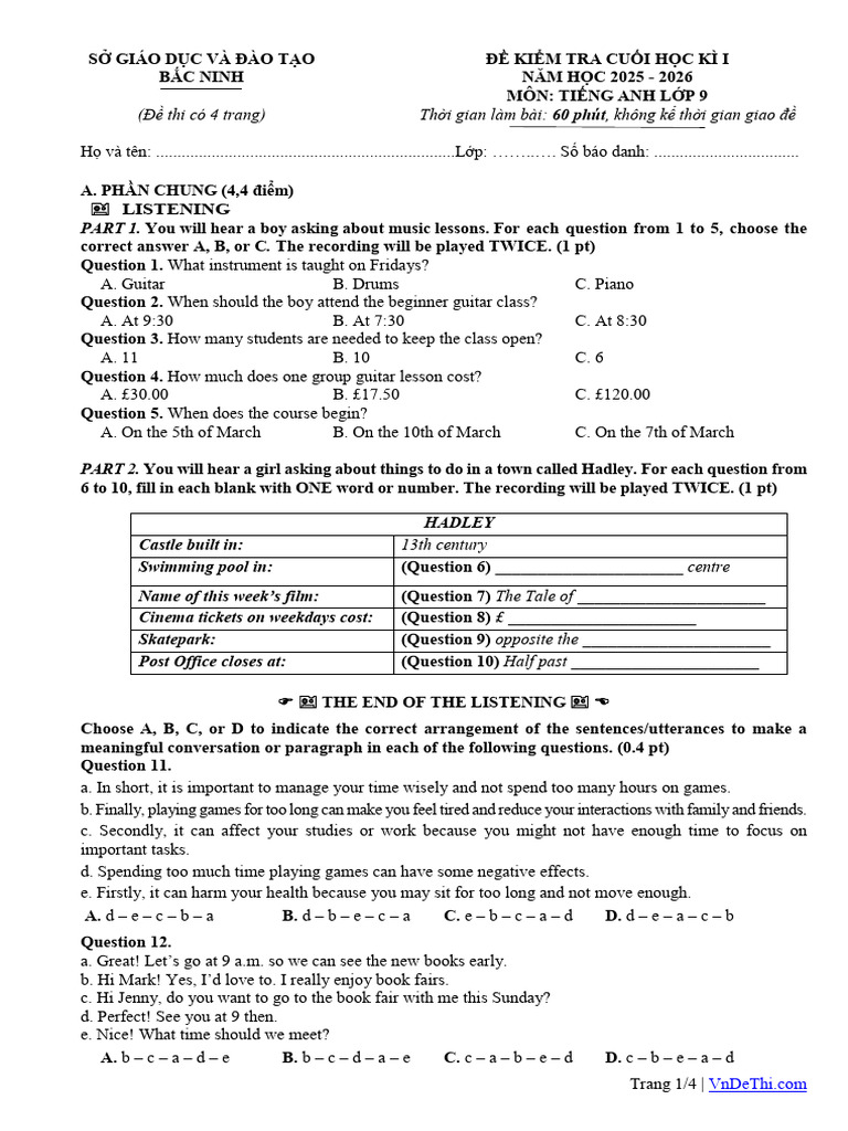 English Test for 9th Grade Students | PDF