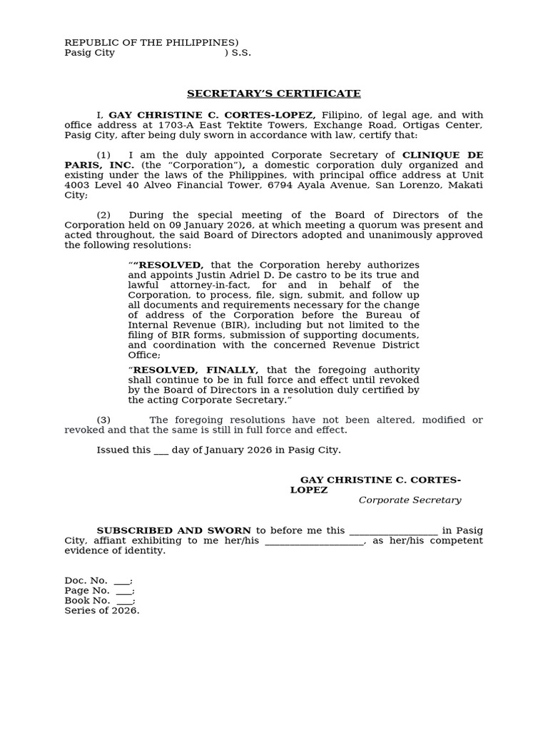 Secretary's Certificate for Address Change | PDF