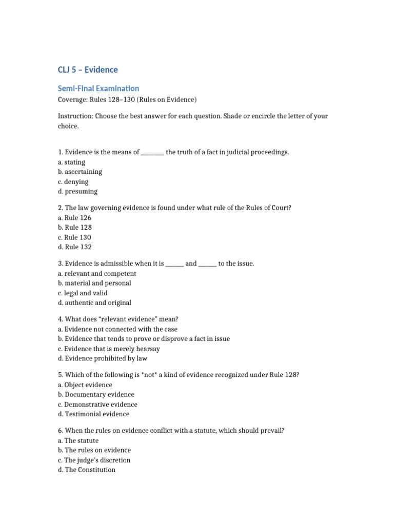 CLJ 5 Evidence Exam Questions & Answers | PDF | Witness | Hearsay