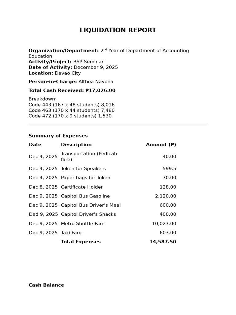 BSP Seminar Liquidation Report 2025 | PDF