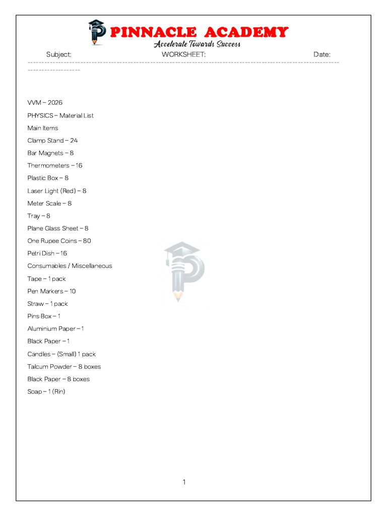 Physics Material List for VVM 2026 | PDF