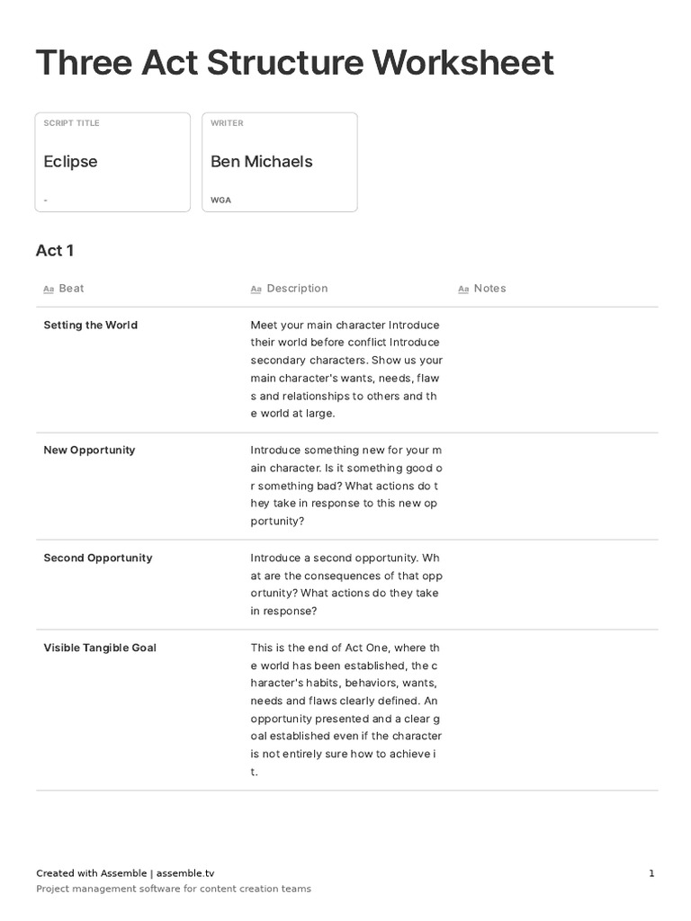Three Act Structure Worksheet Guide | PDF