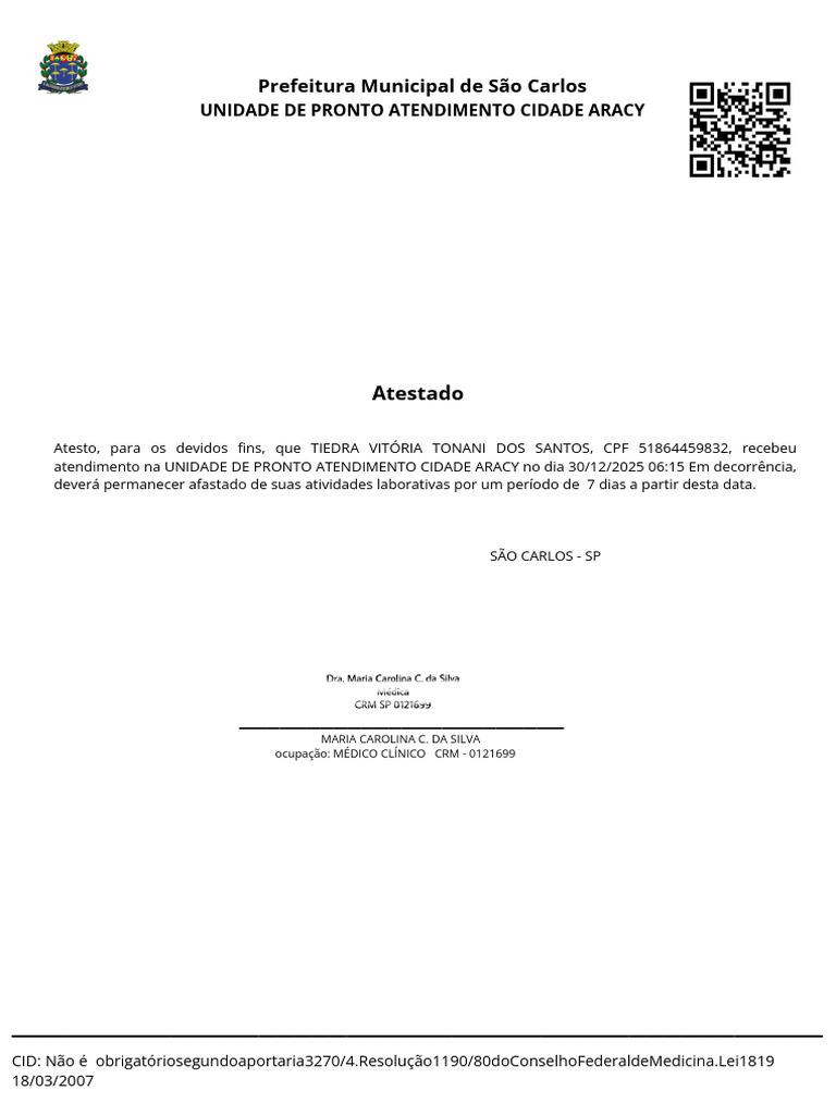 Atestado Médico - Tiedra Vitória Tonani | PDF