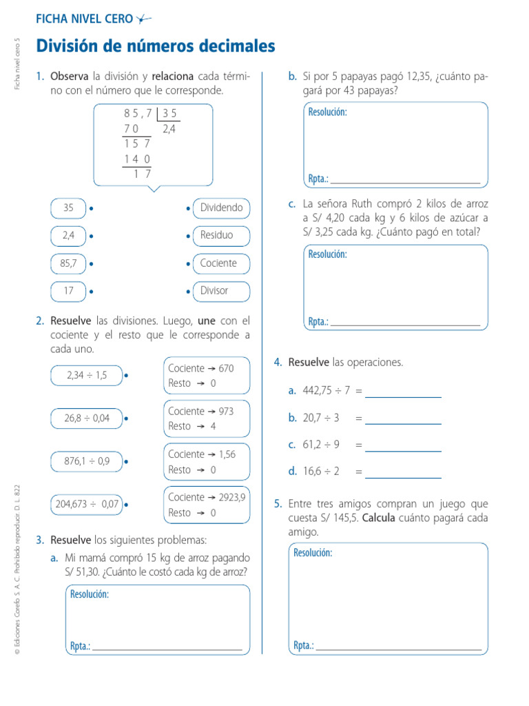 Ejercicios de División y Problemas Matemáticos | PDF | División ...