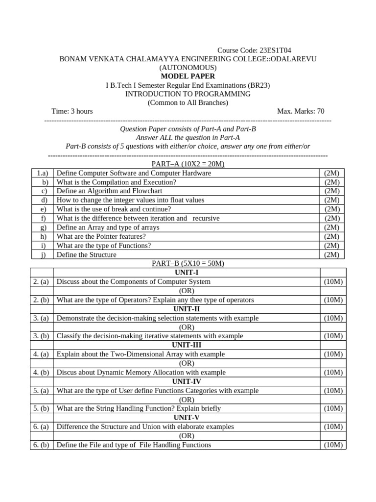 B.Tech Intro to Programming Model Paper | PDF | Software Development ...