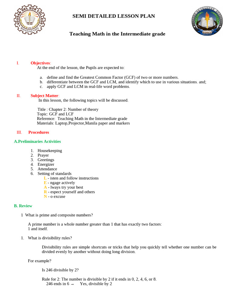 GCF and LCM Lesson Plan for Math | PDF | Arithmetic | Number Theory