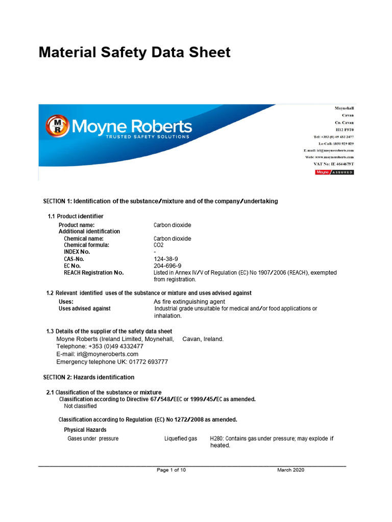Carbon Dioxide Safety Data Sheet | PDF | Toxicity | Dangerous Goods