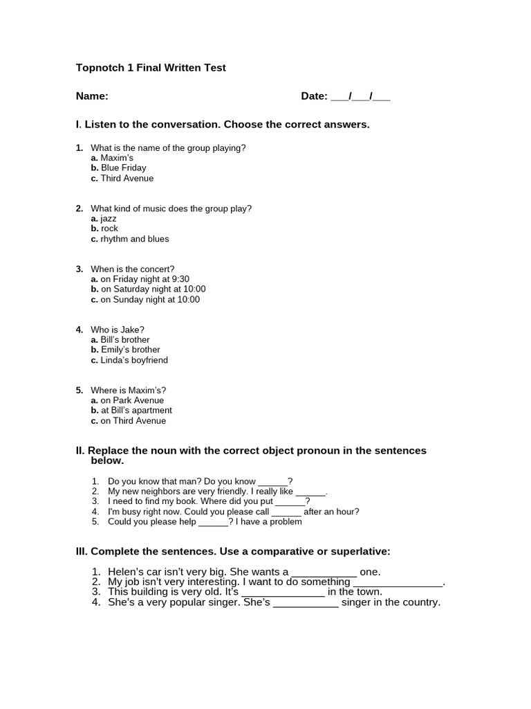 Topnotch 1 Final Test Questions | PDF