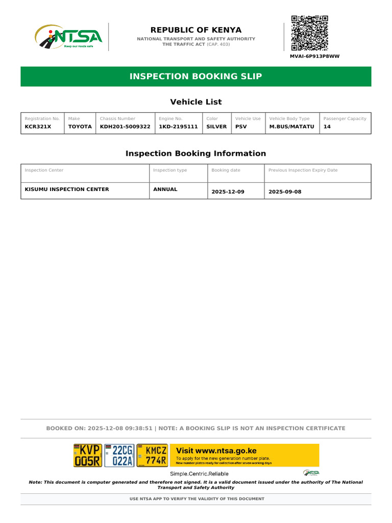 Kenya PSV Vehicle Inspection Booking Slip | PDF