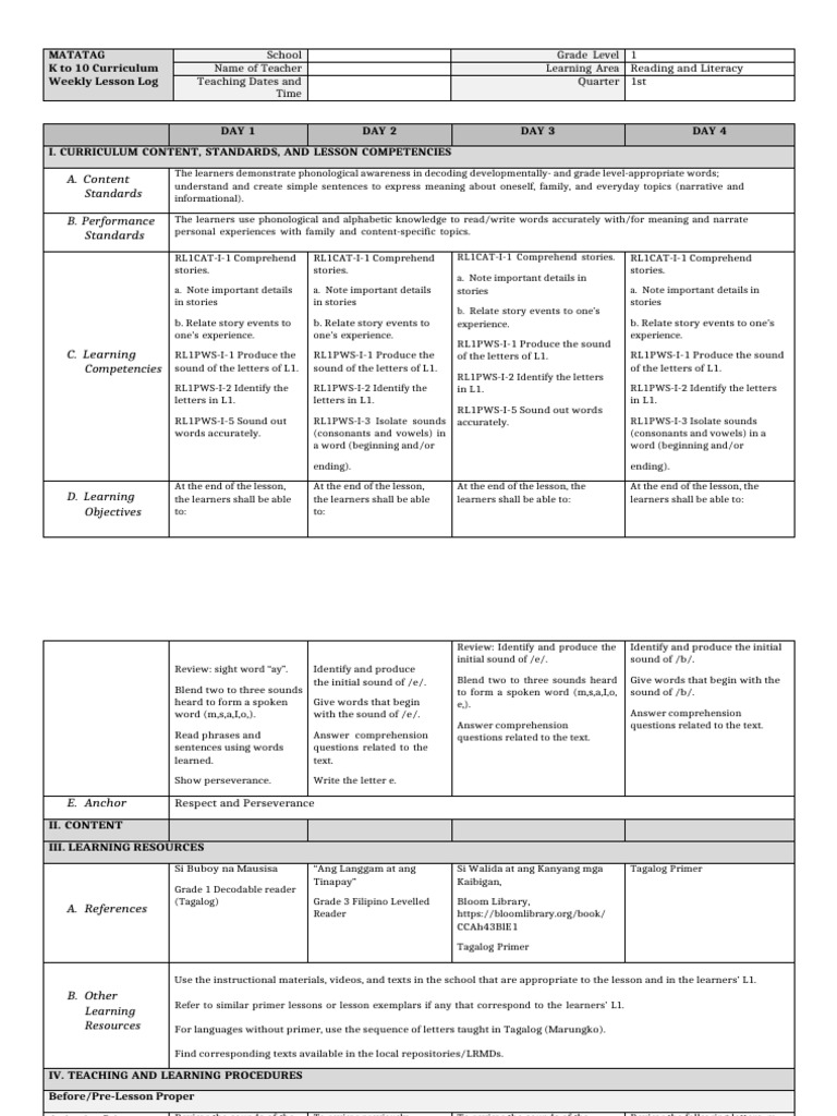 Grade 1 Weekly Lesson Log: Reading Skills | PDF | Reading Comprehension ...
