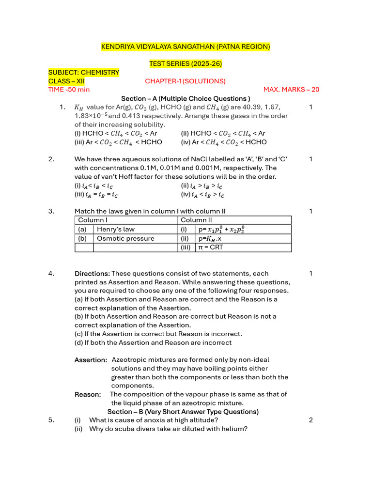 Test Series Class 12 Chemistry | PDF | Aldehyde | Amine