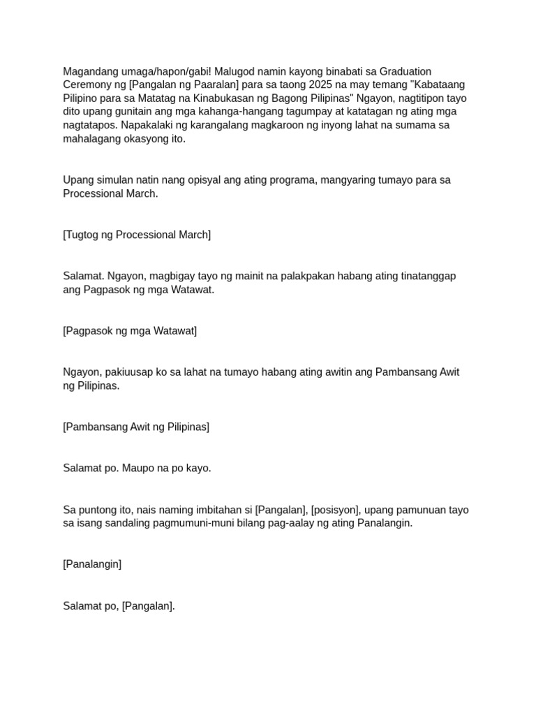 Graduation Emcee Script Filipino | PDF