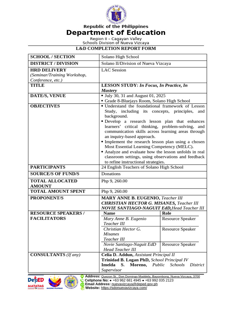 l d Completion Form 2025 | PDF | Teachers | Lesson Plan