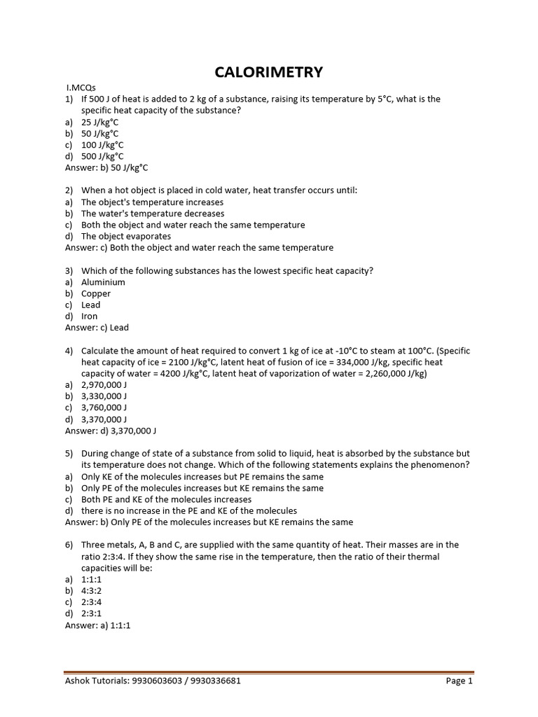 Calorimetry MCQs and Numerical Problems | PDF | Heat | Optics